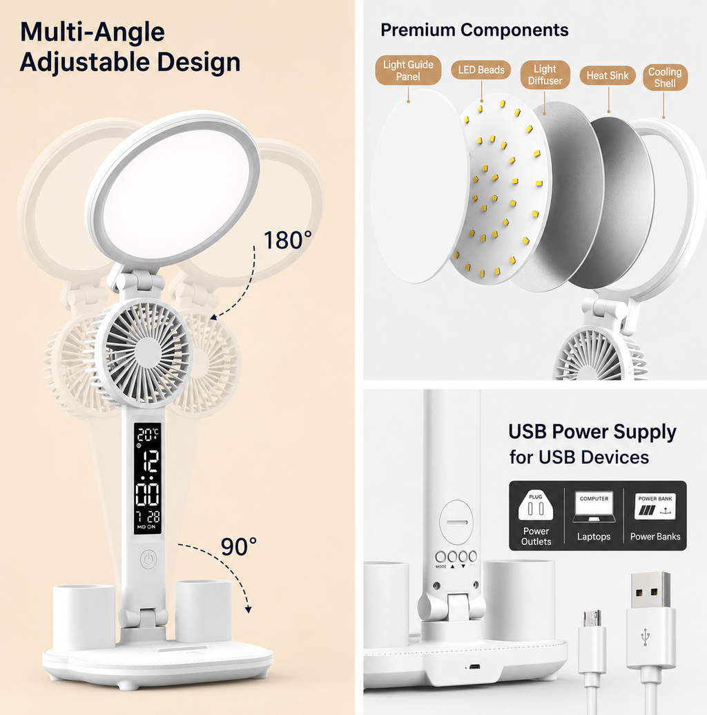 LED Clock Desk Lamp With Fan